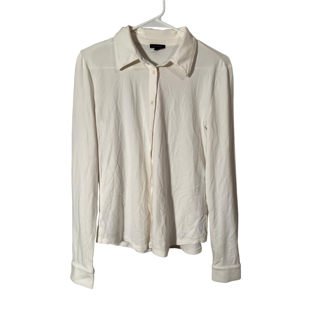 Ann Taylor Womens Sz Medium Knit Button Down Top Long Sleeve Cream White Stretch
